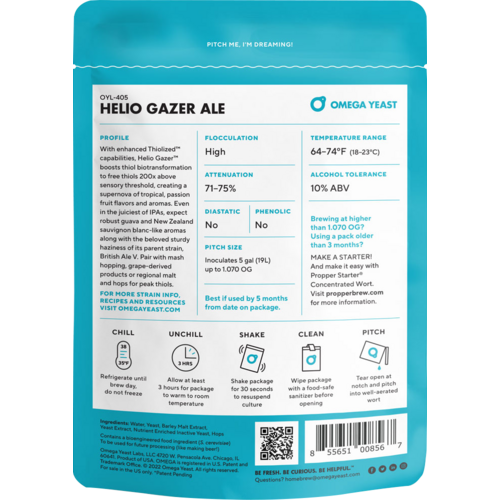 Omega Yeast | OYL-405 Helio Gazer™ Ale | Beer Yeast | Thiolized® Yeast Strain | Double Pitch | 225 Billion Cells