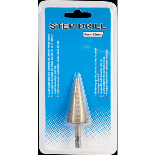 Step Drill Bit | Self-Starting | HSS High Speed Steel | Titanium Nitride Coated | 0.15 – 0.78 in.